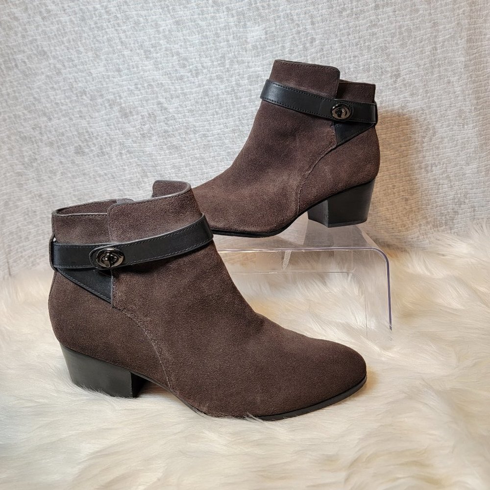 Coach Brown Leather Suede Patricia Block Mid Heel Booties Ankle Boot Classic 10B